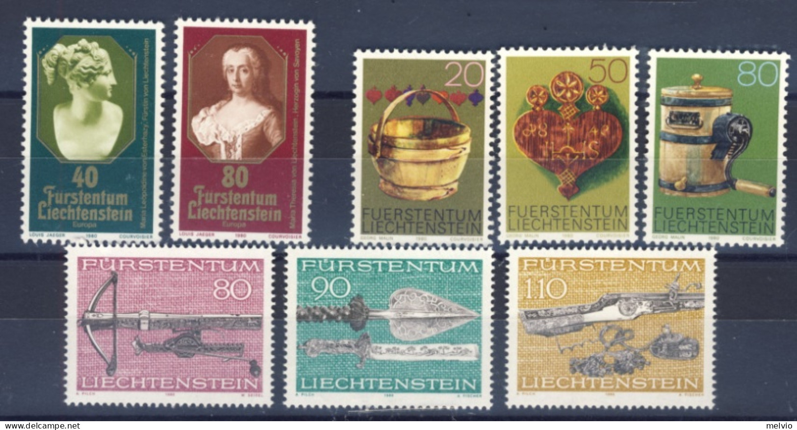 1980-Liechtenstein (MNH=**) 3 Serie 8 Valori Natale,armi Da Caccia,attrezzi Arti - Unused Stamps