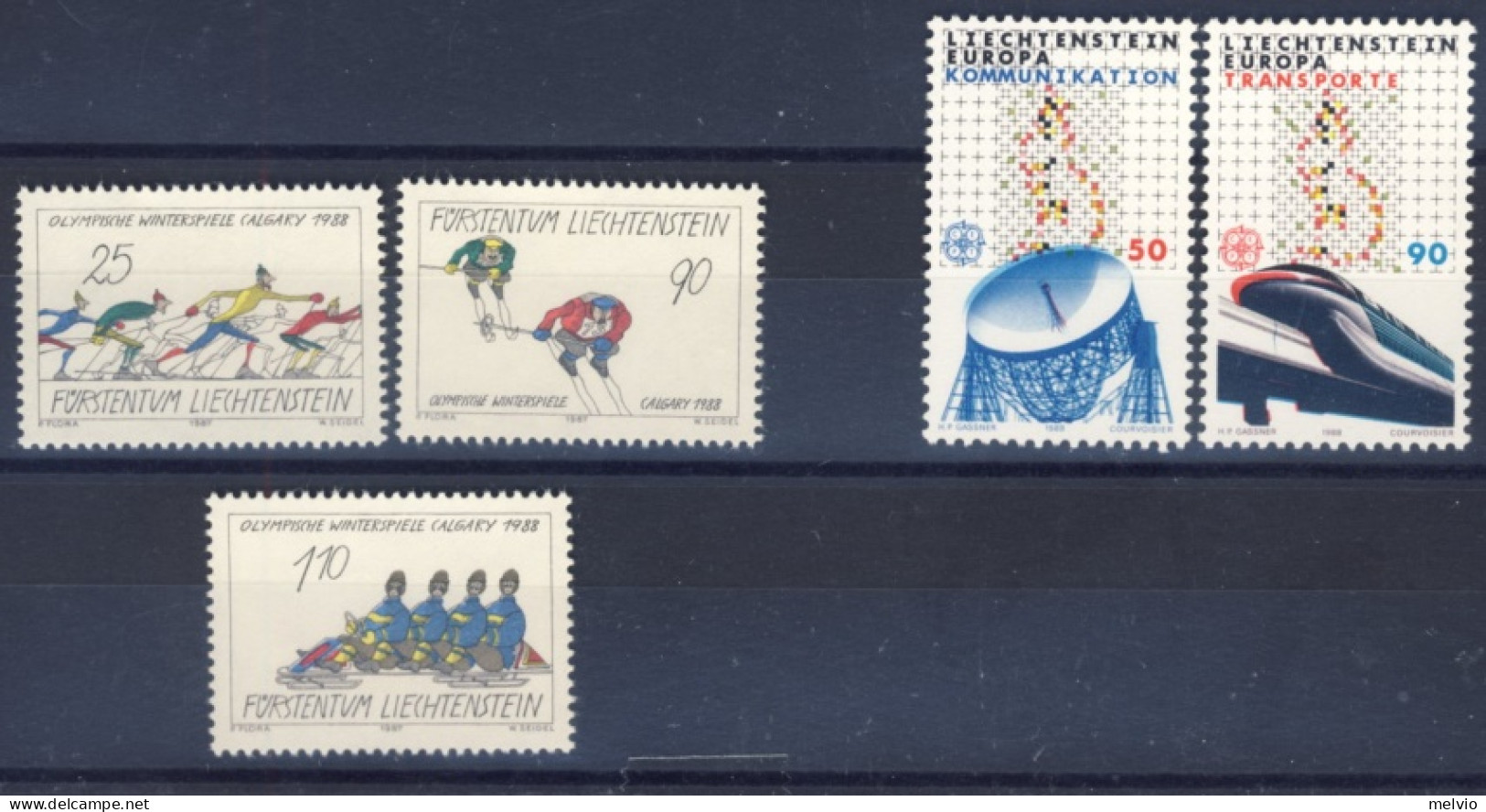 1988-Liechtenstein (MNH=**) Due Serie 5 Valori Olimpiade Calgary,Europa - Unused Stamps