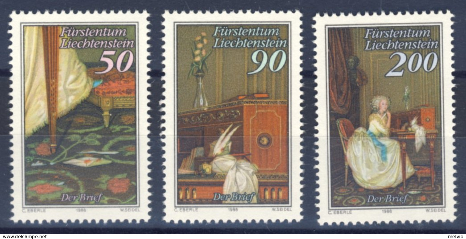 1988-Liechtenstein (MNH=**) Serie 3 Valori Le Lettere,dipinti Di A.Hickel - Neufs