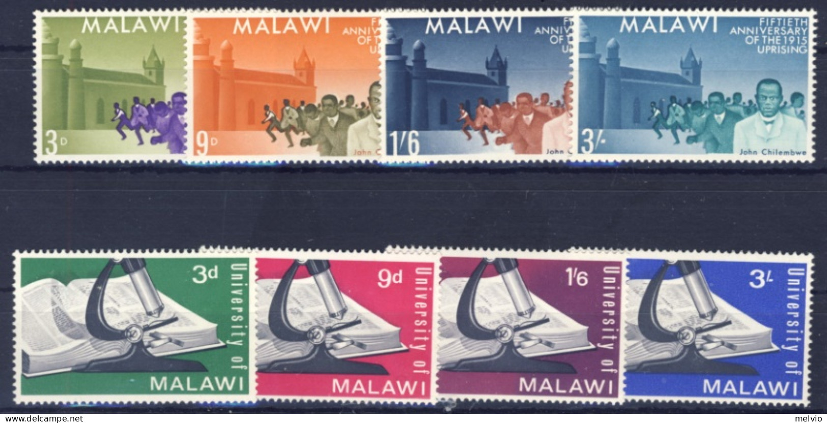 1965-Malawi (MNH=**) 2 Serie 4 Valori Universita',libro,microscopio,anniversario - Malawi (1964-...)