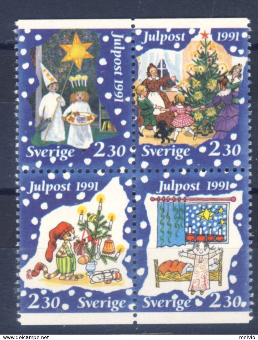 1991-Svezia (MNH=**) Serie 4 Valori Natale, Disegni Di Bambini - Sonstige & Ohne Zuordnung