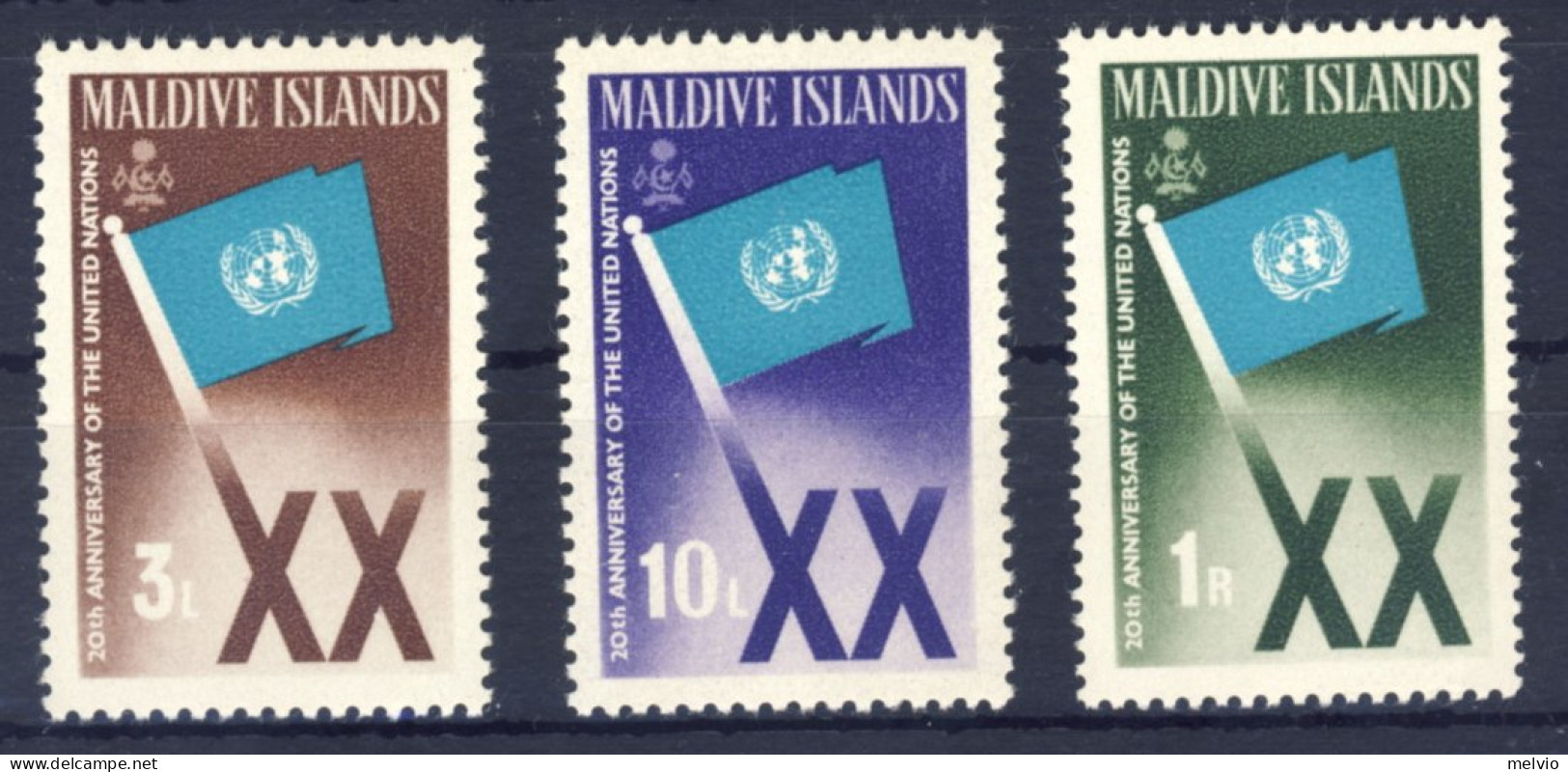 1965-Maldive (MNH=**) Serie 3 Valori 20th Anniversario Dell'ONU - Maldiven (1965-...)