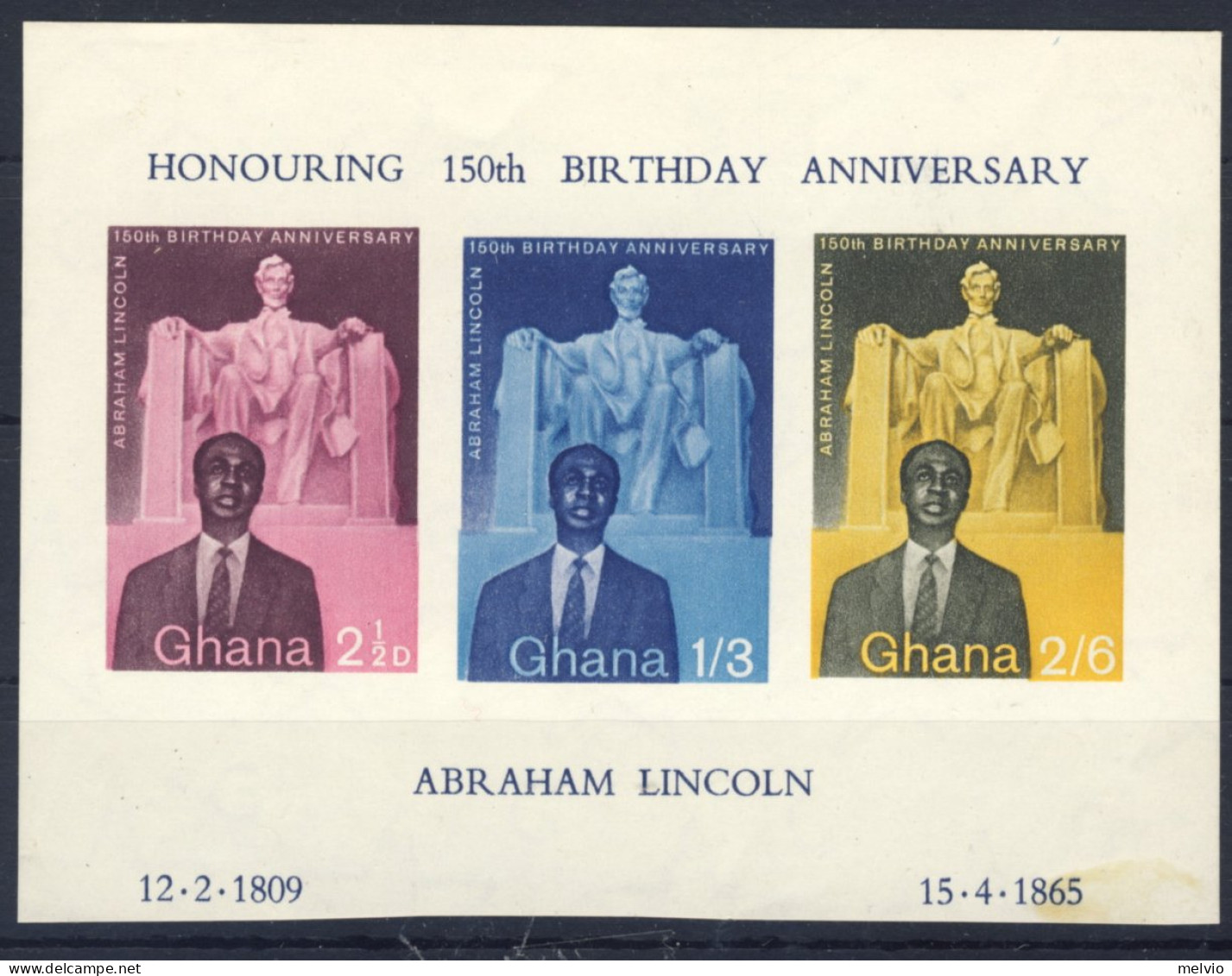 1959-Ghana (MNH=**) Foglietto 3 Valori Lincoln - Ghana (1957-...)