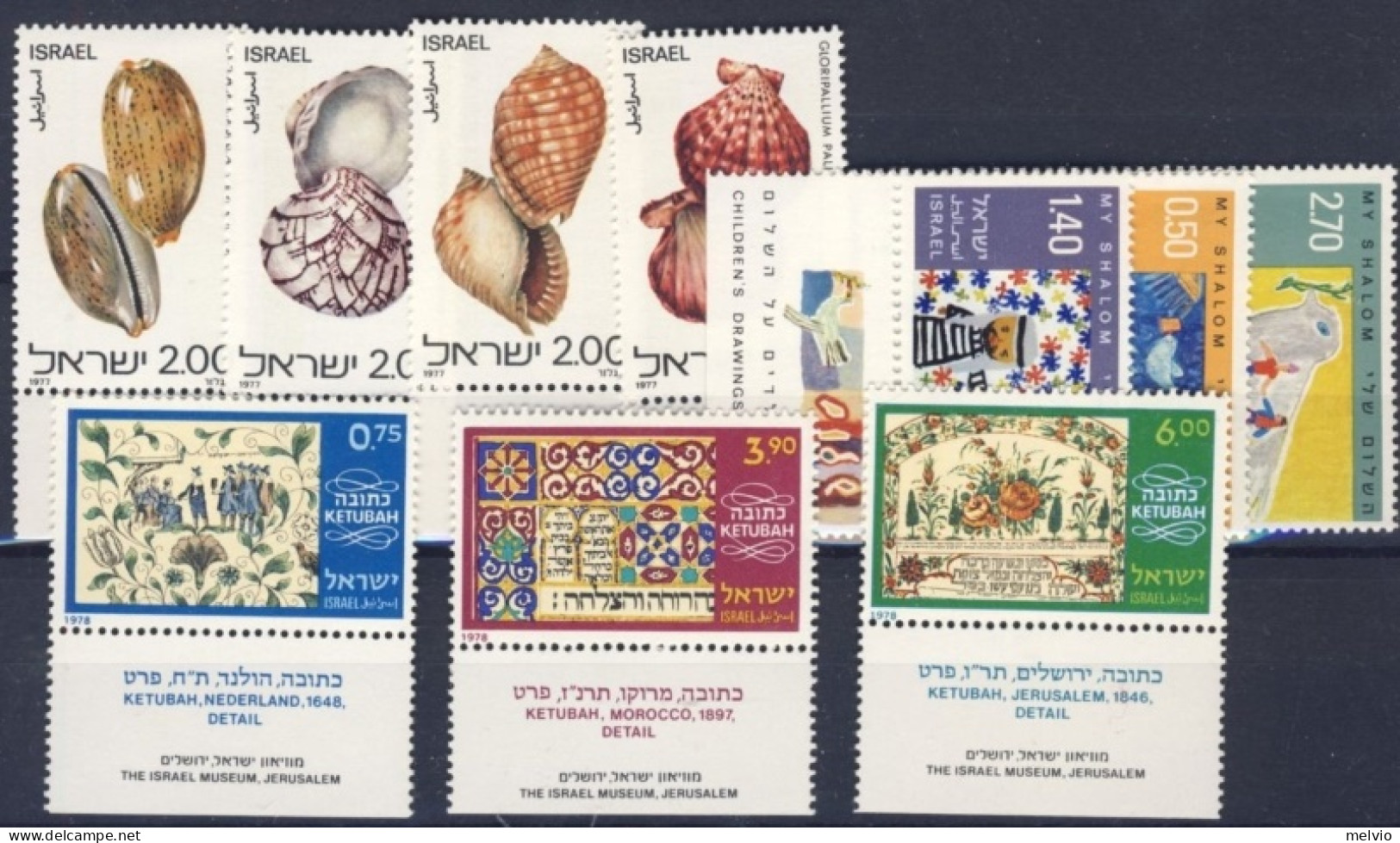 1977/78-Israele (MNH=**) 3 Serie 10 Valori Conchiglie,disegni Infanzia,opere Mus - Autres & Non Classés