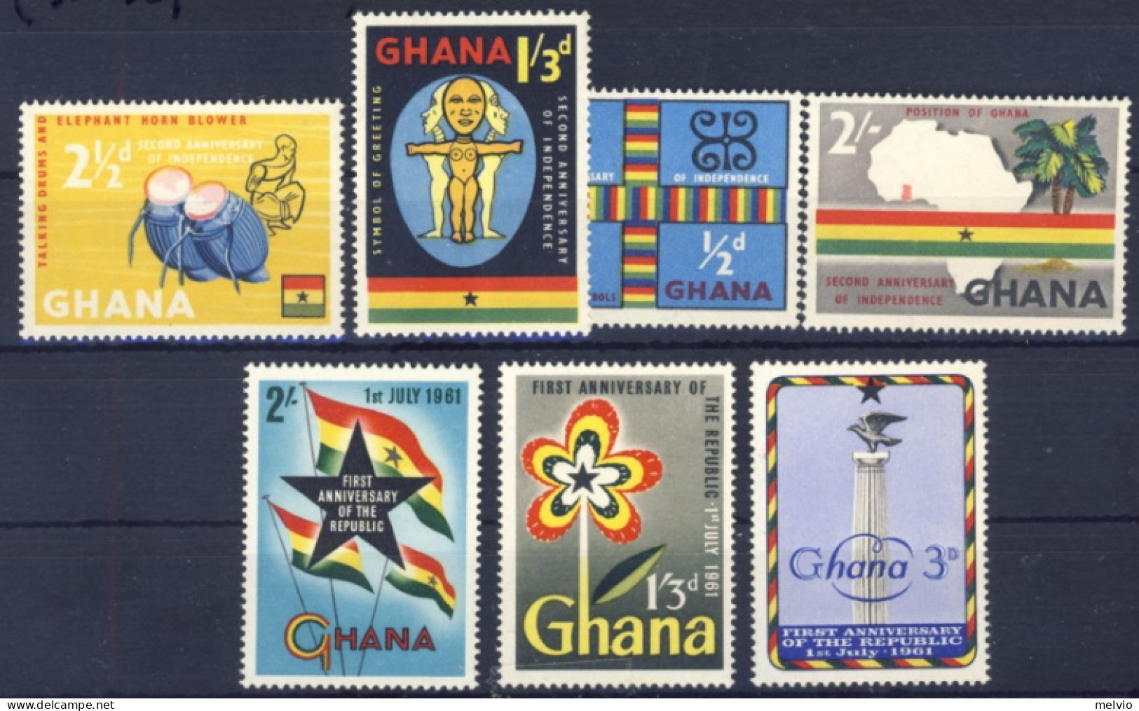 1959/61-Ghana (MNH=**) 2 Serie 7 Valori Tamburi,anniversari Vari - Ghana (1957-...)