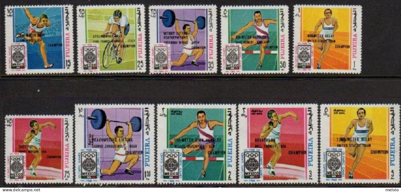 1968-Fujeira (MNH=**) S.10v.soprastampati Con Nomi Vincitori"Giochi Olimpici Mex - Fujeira