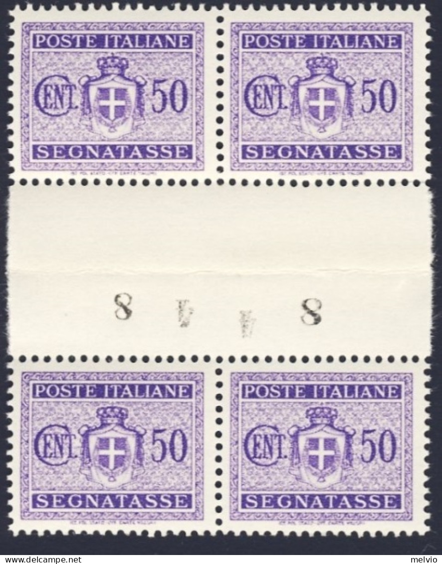 1945-Italia (MNH=**) Intera Quartina Segnatasse 50c.violetto Senza Filigrana Con - Nuevos