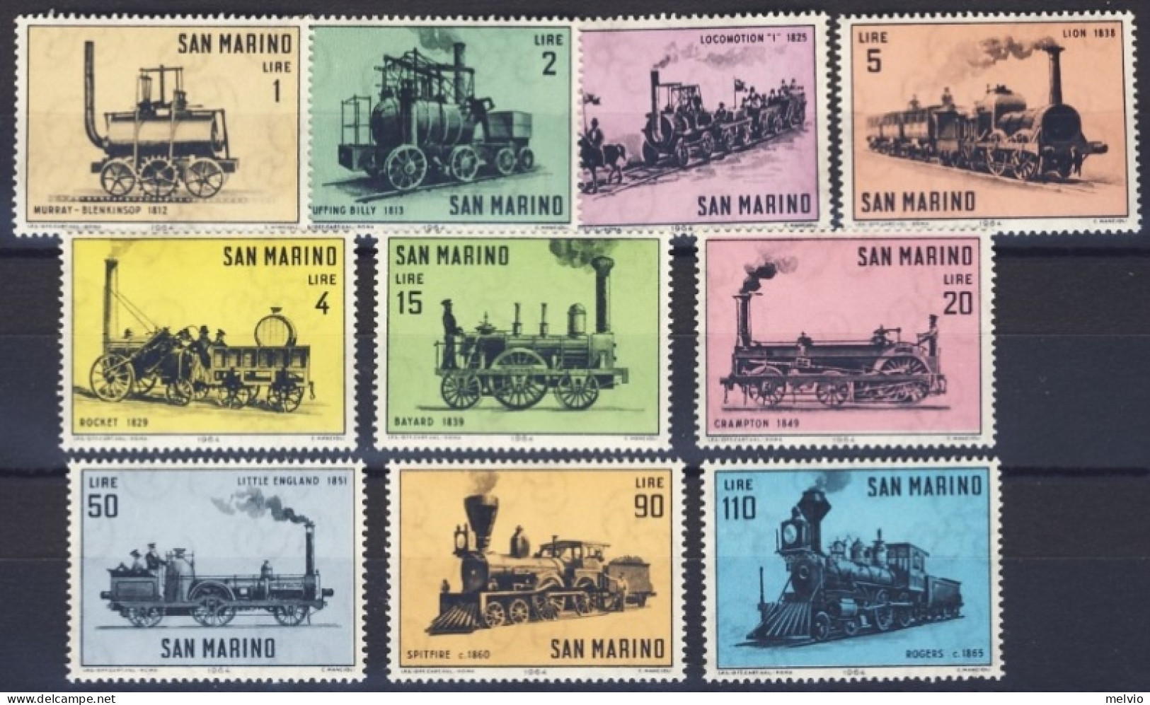 1964-San Marino (MNH=**) S.10v."storia Della Locomotiva" - Unused Stamps