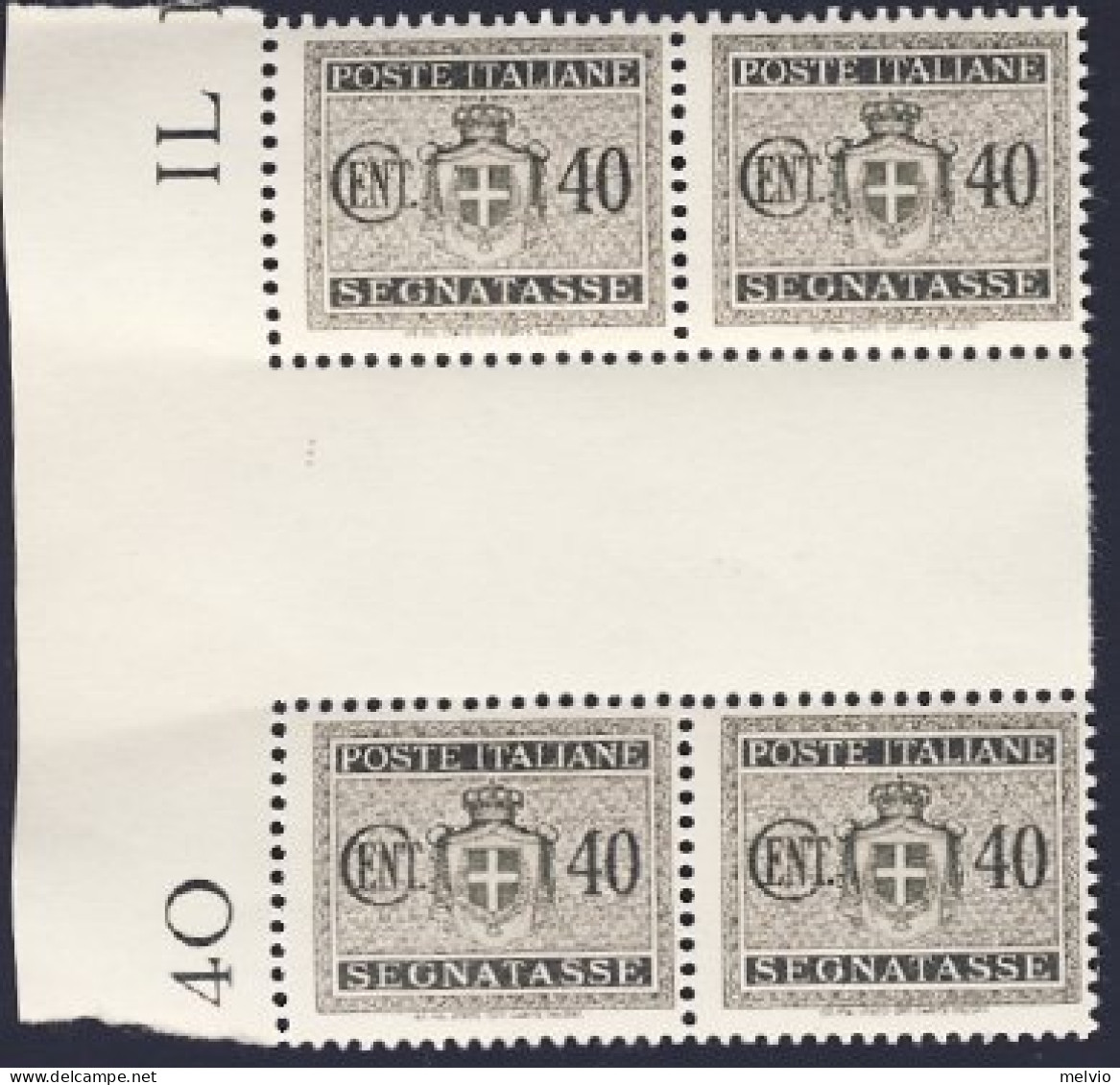 1945-Italia (MNH=**) Quartina Segnatasse 40c.grigio Bruno Senza Filigrana Con In - Nuevos