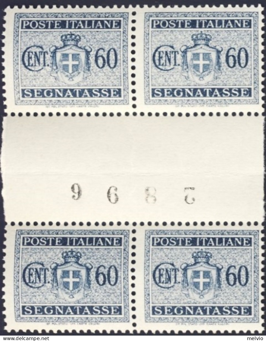 1945-Italia (MNH=**) Quartina Segnatasse 60c.ardesia Senza Filigrana Con Intersp - Mint/hinged