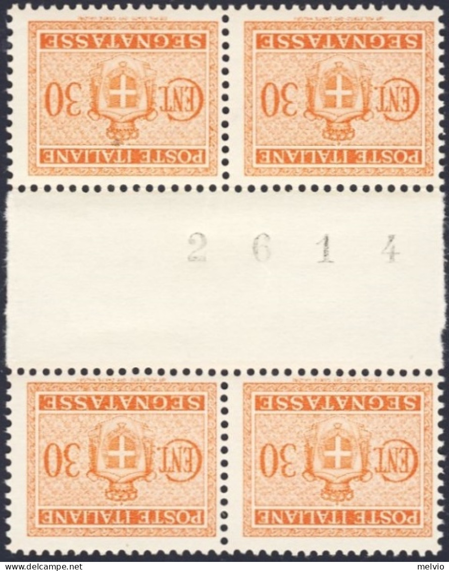 1945-Italia (MNH=**) Quartina Segnatasse 30c.arancio Senza Filigrana Con Intersp - Mint/hinged