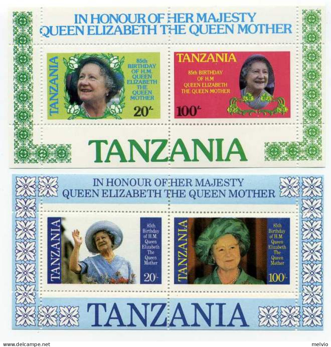 1985-Tanzania (MNH=**) 2 Foglietti S.4v."85 Anniversario Della Regina Madre Elis - Tanzanie