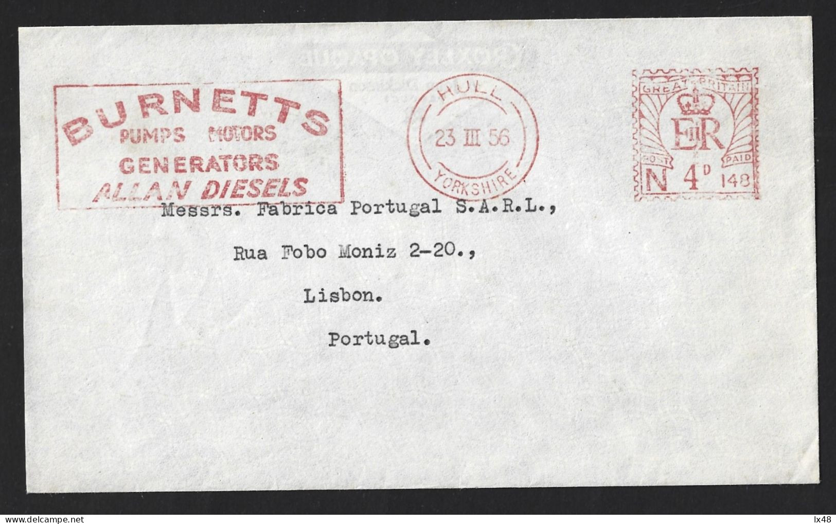 Letter With Pennant Issued From Hull, England In 1956 With 'Burnetts, Pumps, Engines, Generators'. Brief Met Wimpel Uitg - Usines & Industries