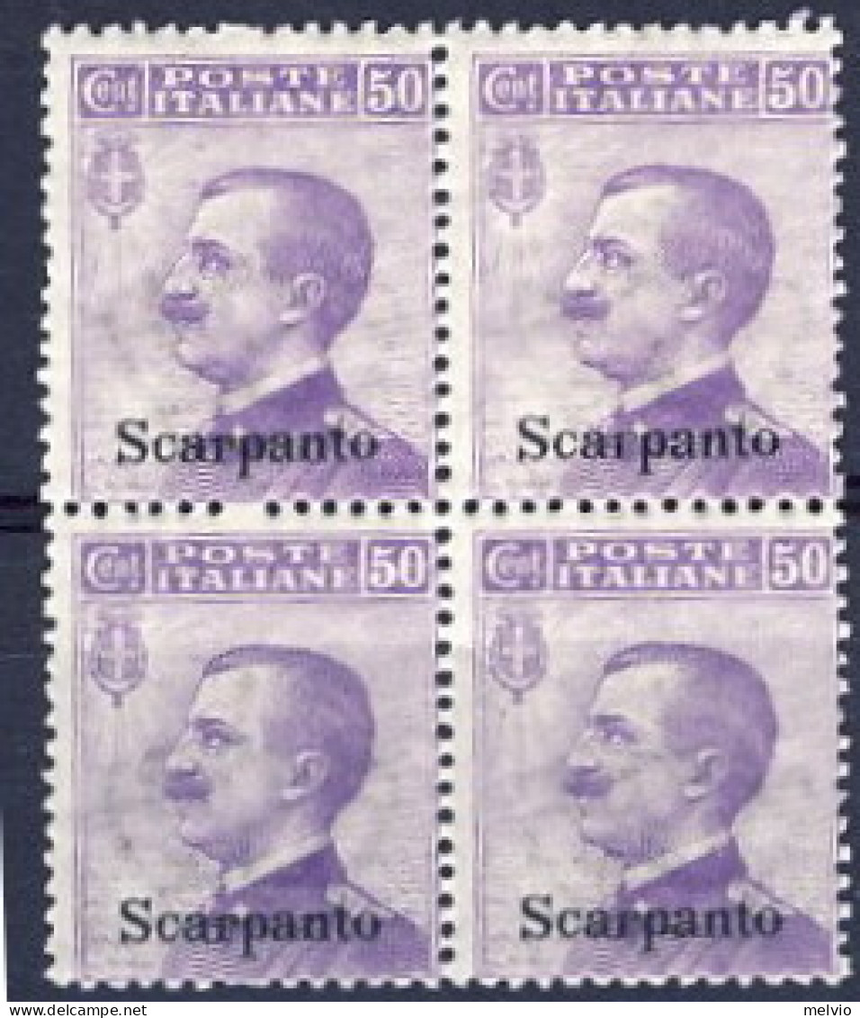 1912-Scarpanto (MNH=**) Quartina Del 50c. Violetto Michetti Cat.Sassone Euro 30 - Egeo (Scarpanto)