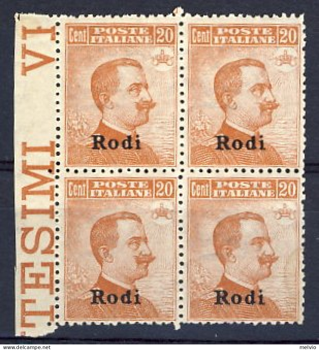 1912-Rodi (MNH=**) Quartina Del 20c. Arancio Michetti Filigrana Corona E Bordo D - Aegean (Rodi)