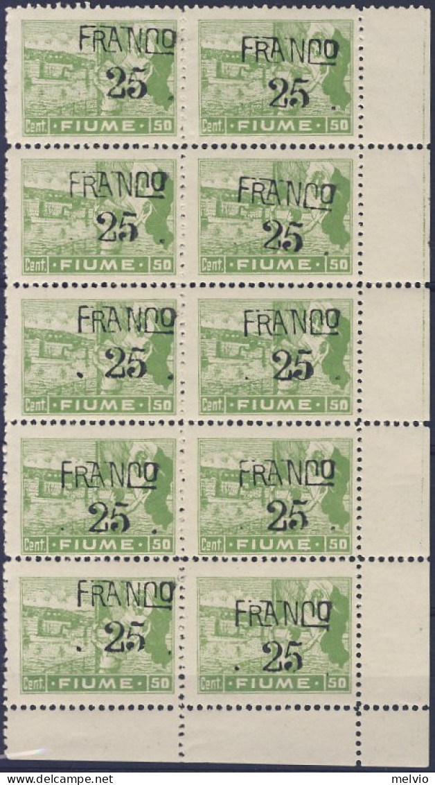 1919-Fiume (MNH=**) Blocco Di 10 Con Angolo Di Foglio Del 25 Su 50c.verde Allego - Fiume