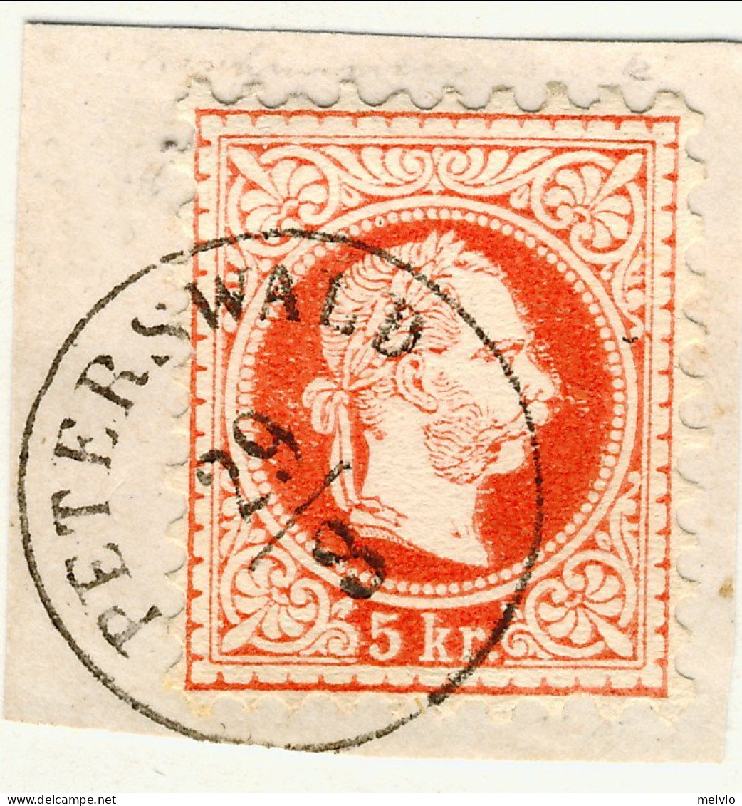 1874-Austria (F=on Piece) 5k.rosso Stampa Fine Dentellato 9 Su Frammento Con Ann - Autres & Non Classés