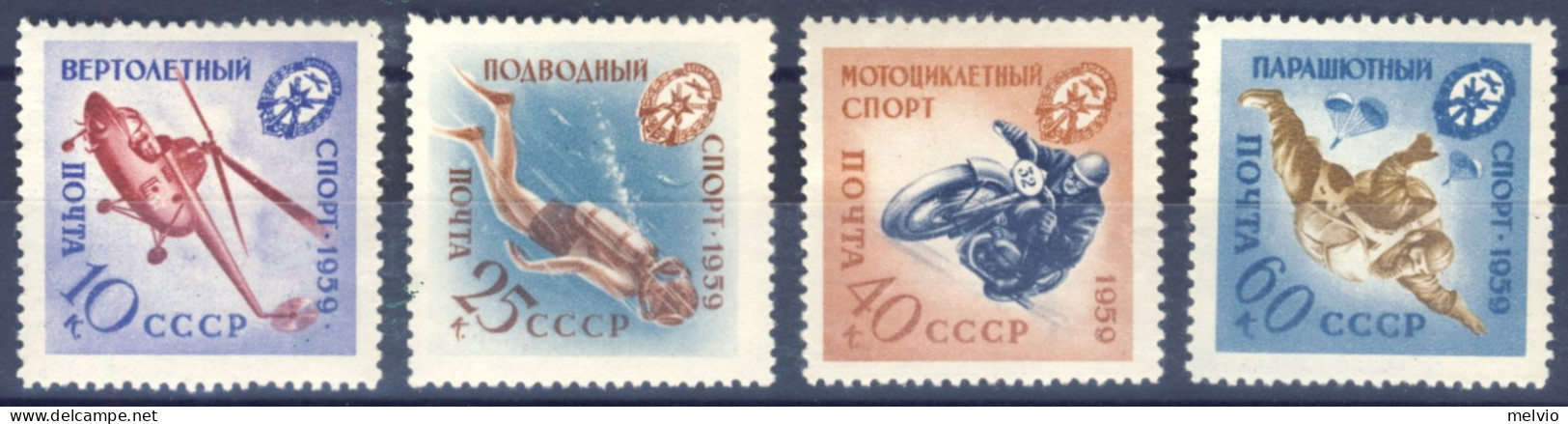 1959-Russia (MNH=**) Serie 4 Valori Elicottero, Subacqueo, Motociclista E Paraca - Sonstige & Ohne Zuordnung