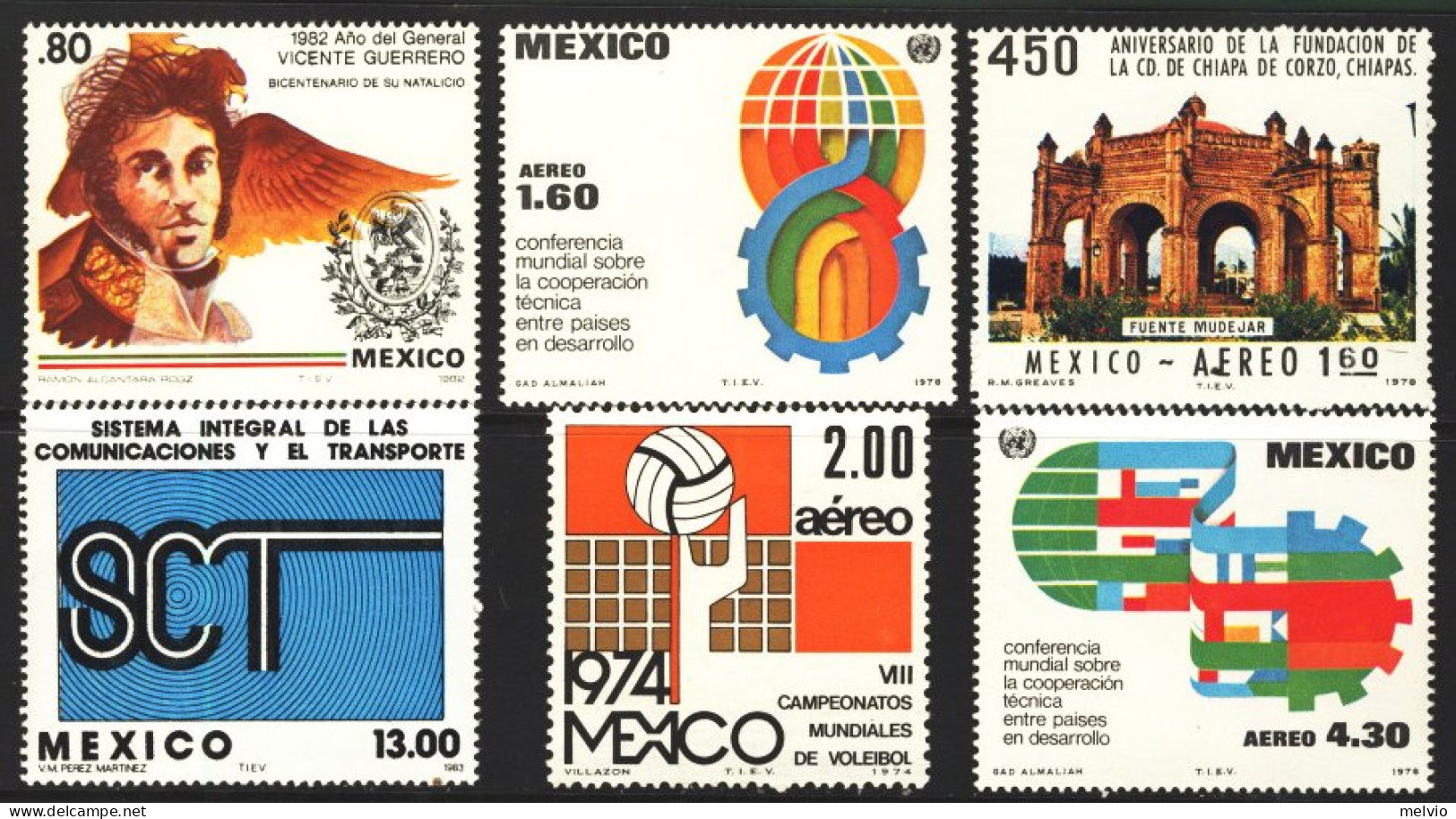 1974/83-Messico (MNH=**) Cinque S.6v."Comunicazione,trasporti,volley,Gen.Guerrer - Mexico