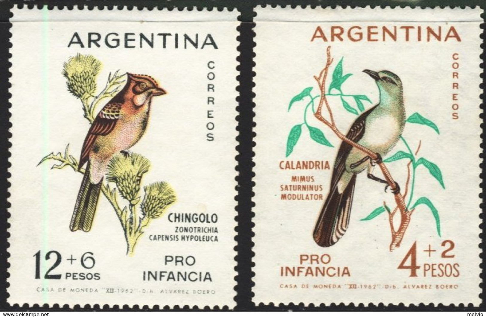1962-Argentina (MNH=**) S.2v. "Pro Infanzia Uccelli Birds" - Unused Stamps