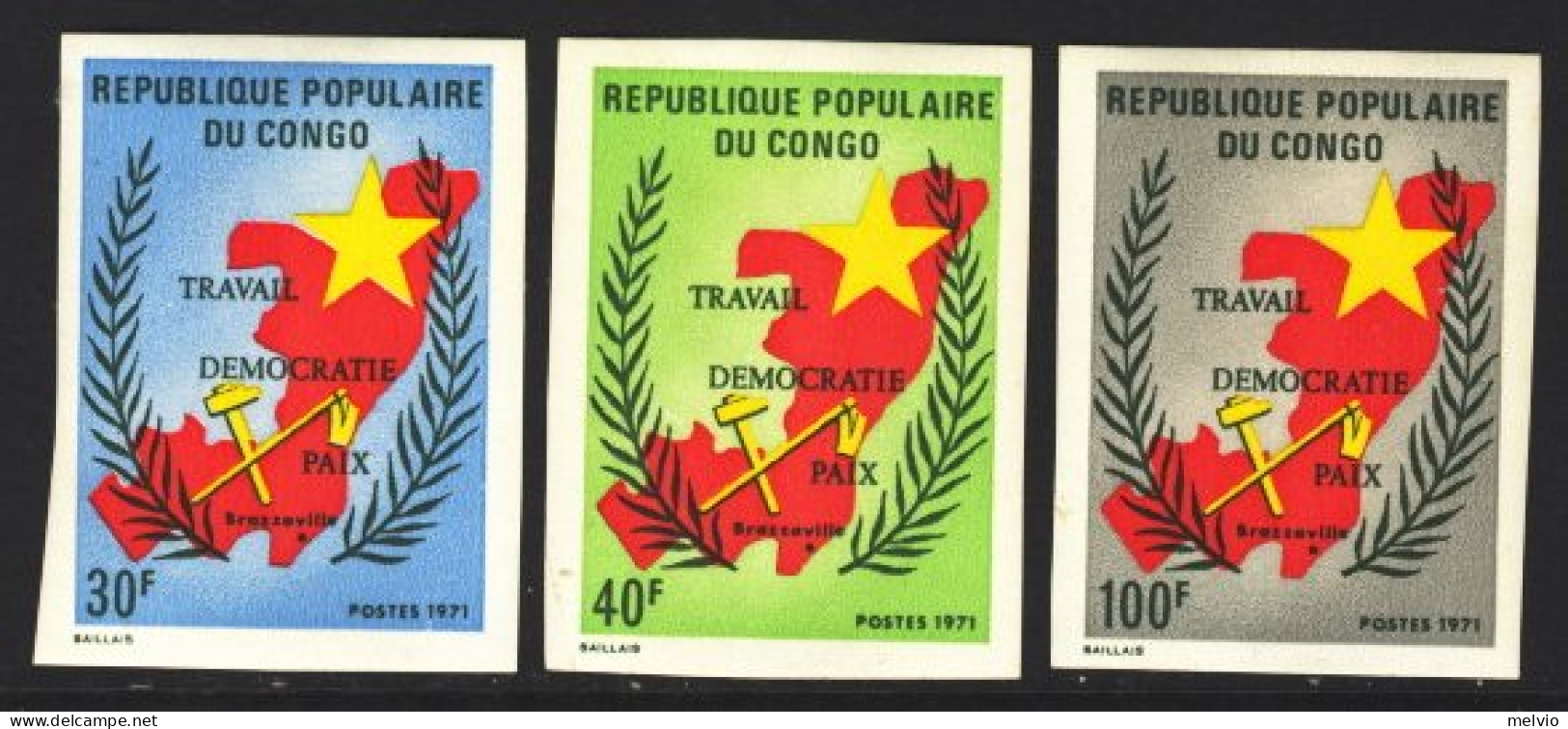 1971-Congo (MNH=**) S.3v. Non Dentellati "Work, Democracy And Peace" - Neufs