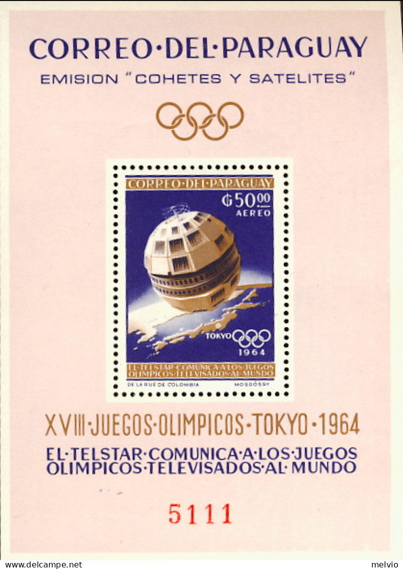 1964-Paraguay (MNH=**) Foglietto S.1v." Olimpiadi Di Tokyo Satellite Per Le Tele - Paraguay