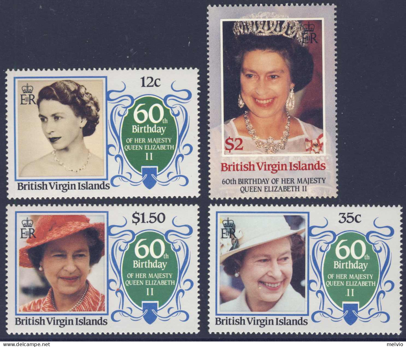 1986-Isole Vergini (MNH=**)s.4v."Queen Elizabeth II, 60th Birthday" - Iles Vièrges Britanniques