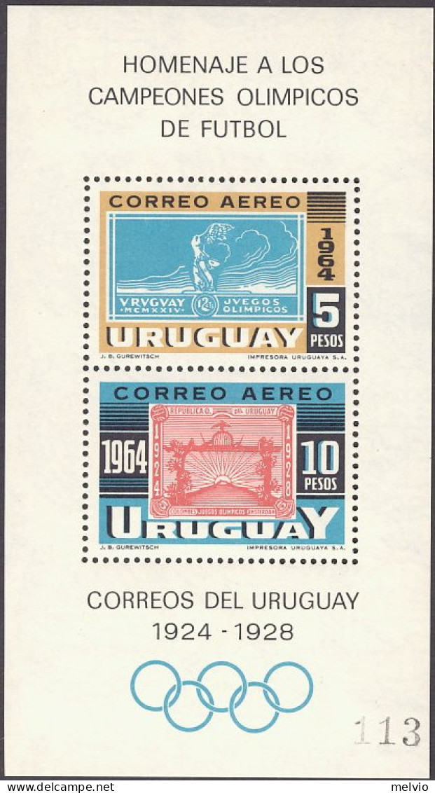 1965-Uruguay (MNH=**) Foglietto S.2v." Omaggio Ai Campioni Olimpici Del Calcio" - Uruguay