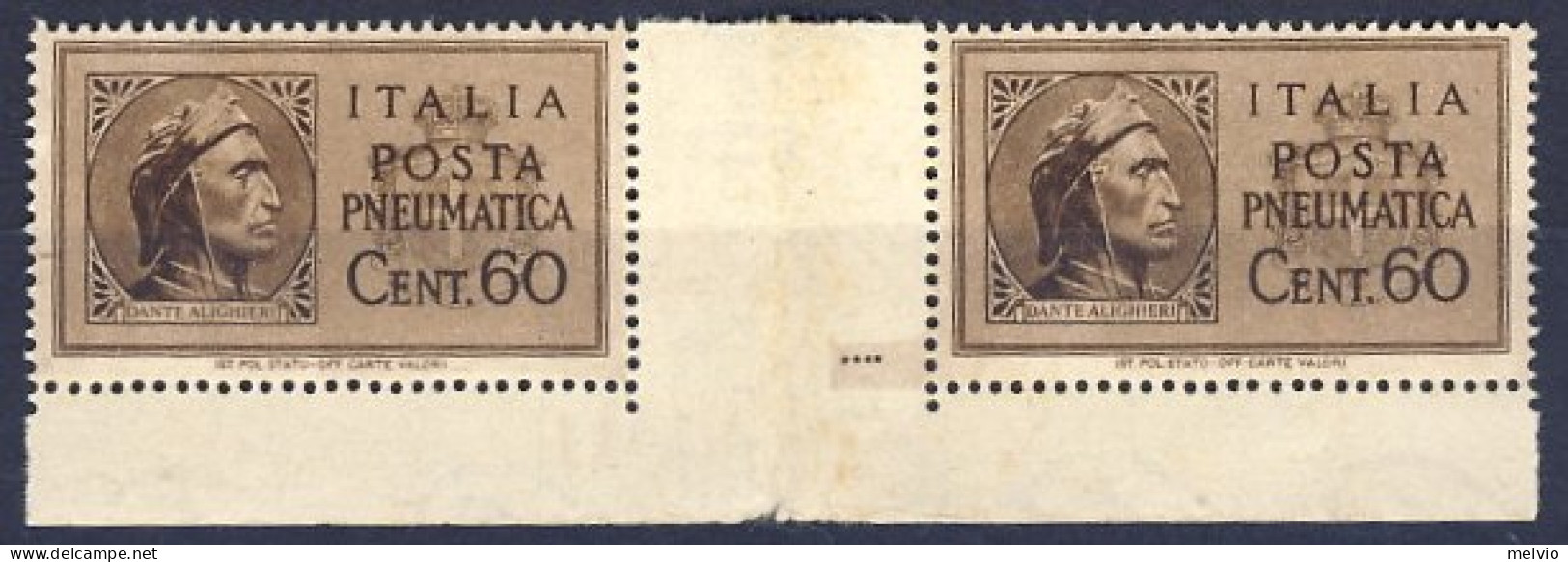 1945-Italia (MNH=**) Coppia Posta Pneumatica 60c. Bruno Dante Alighieri Con Bord - Mint/hinged