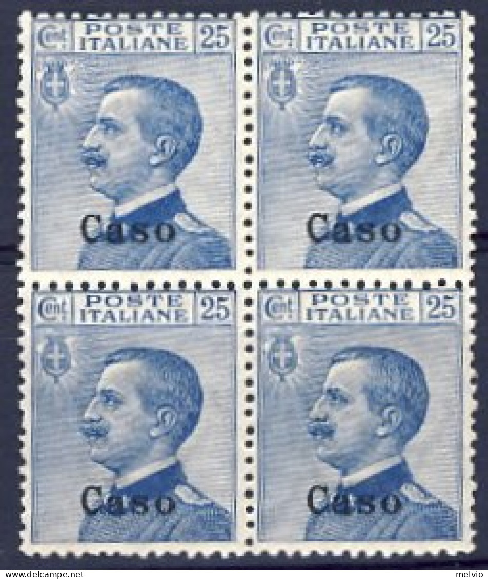 1912-Caso (MNH=**) Quartina Del 25c. Azzurro Michetti - Egeo (Caso)