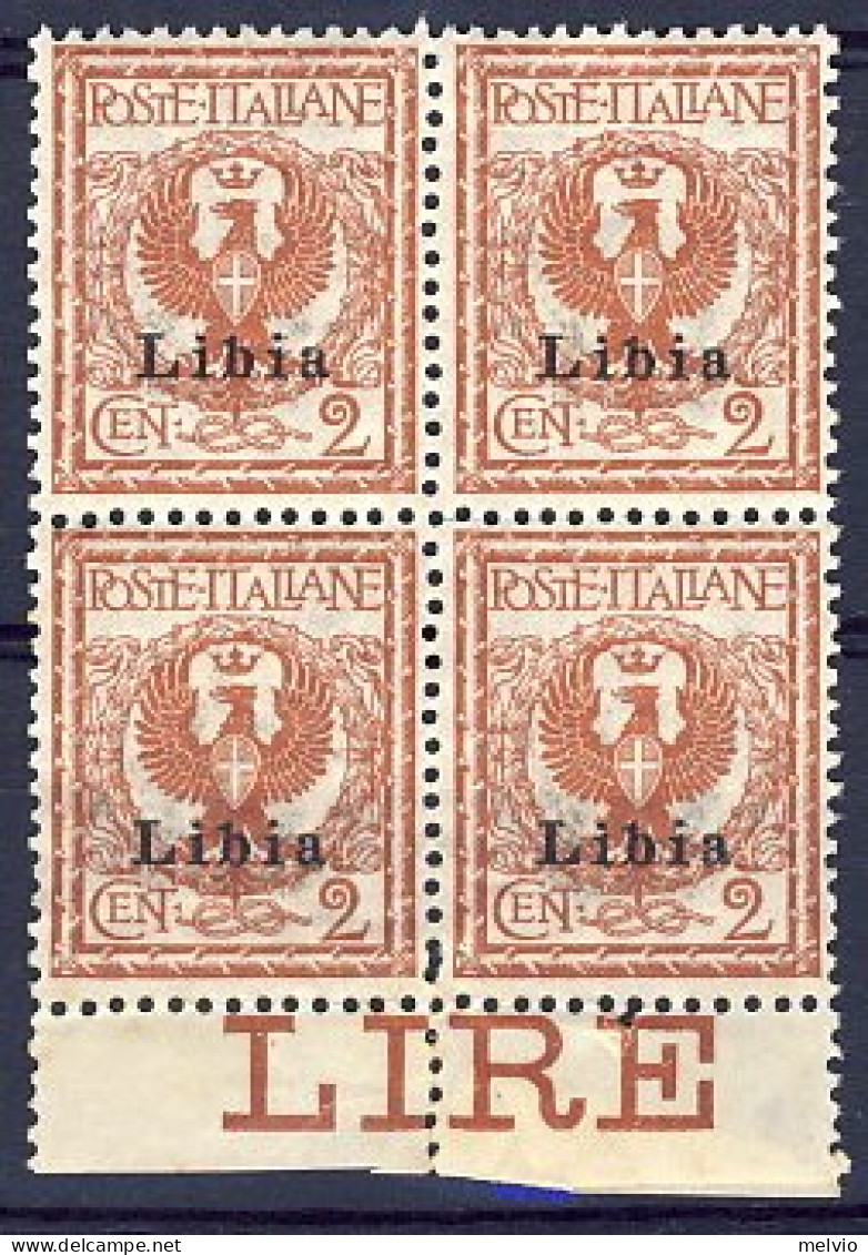 1912-Libia (MNH=**) Quartina Ottimamente Centrata Del 2c. Floreale Soprastampato - Libia