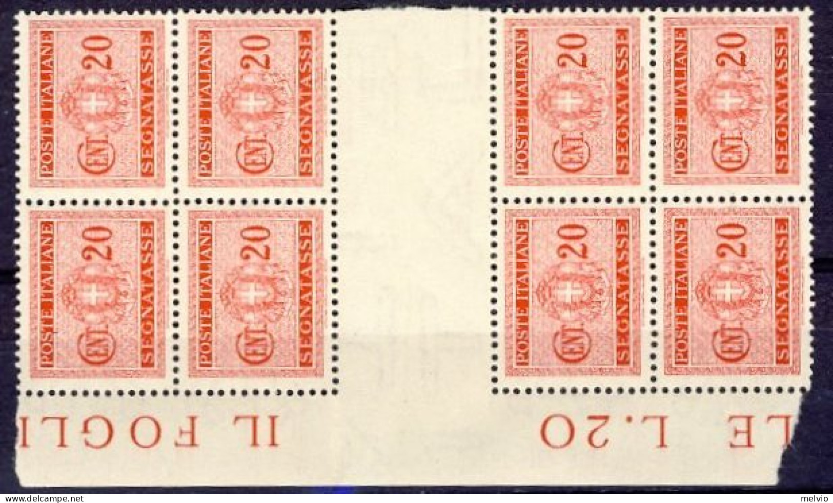 1934-Italia (MNH=**) Due Quartine Del Segnatasse 20c. Carminio Bordo Di Foglio E - Neufs