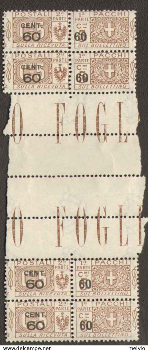 1923-Italia (MNH=**) Blocco Di Quattro Di Pacchi Postali 60c.su 5c. Con Interspa - Neufs