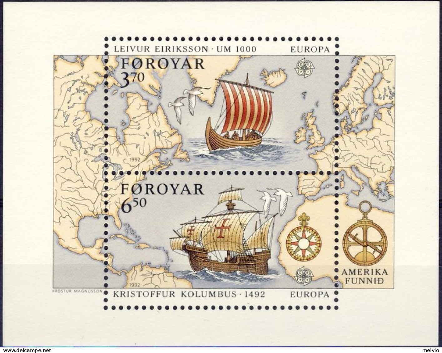 1992-Faeroer (MNH=**) Foglietto S.2v."Europa Cept 5° Centenario Della Scoperta D - Faroe Islands