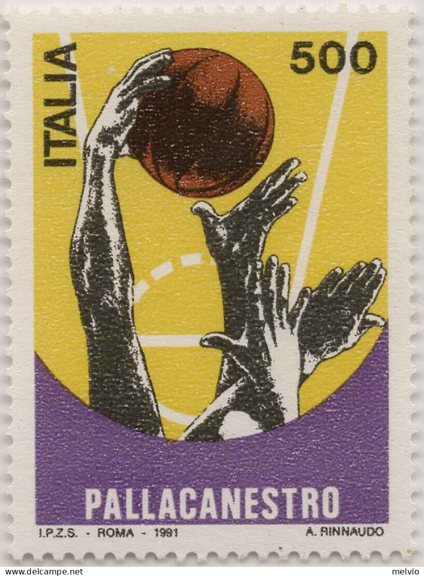 1991-Italia (MNH=**) L.500 Lo Sport No La Pallacanestro Con Varietà Grossa Macch - 1946-60: Mint/hinged