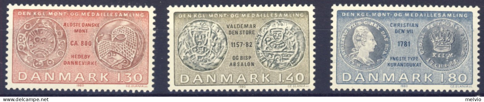 1980-Danimarca (MNH=**) Serie 3 Valori Monete Della Collezione Reale - Other & Unclassified