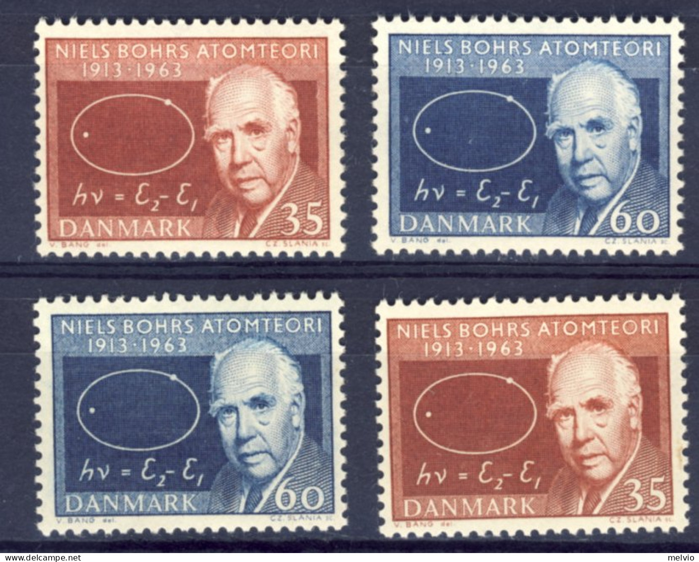 1963-Danimarca (MNH=**) Due Seie 4 Valori (con E Senza Fluorescenza) Niels Bohrs - Autres & Non Classés