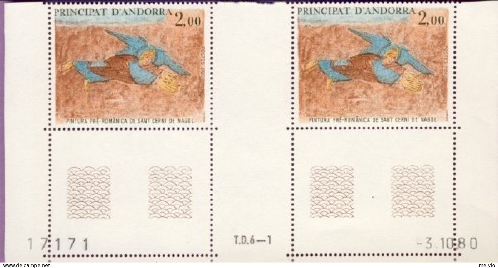 1980-Andorra Francese (MNH=**) 2 Valori Con Interspazio Parte Dell'affresco Chie - Nuovi