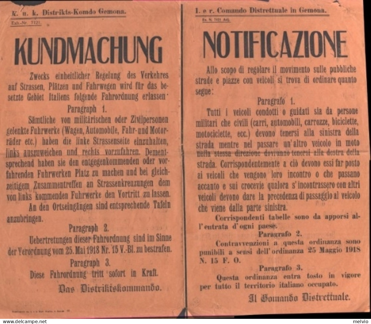 1918-NOTIFICAZIONE Data In Gemona Dall'I.R. COMANDO DISTRETTUALE, Manifesto Bili - Posters