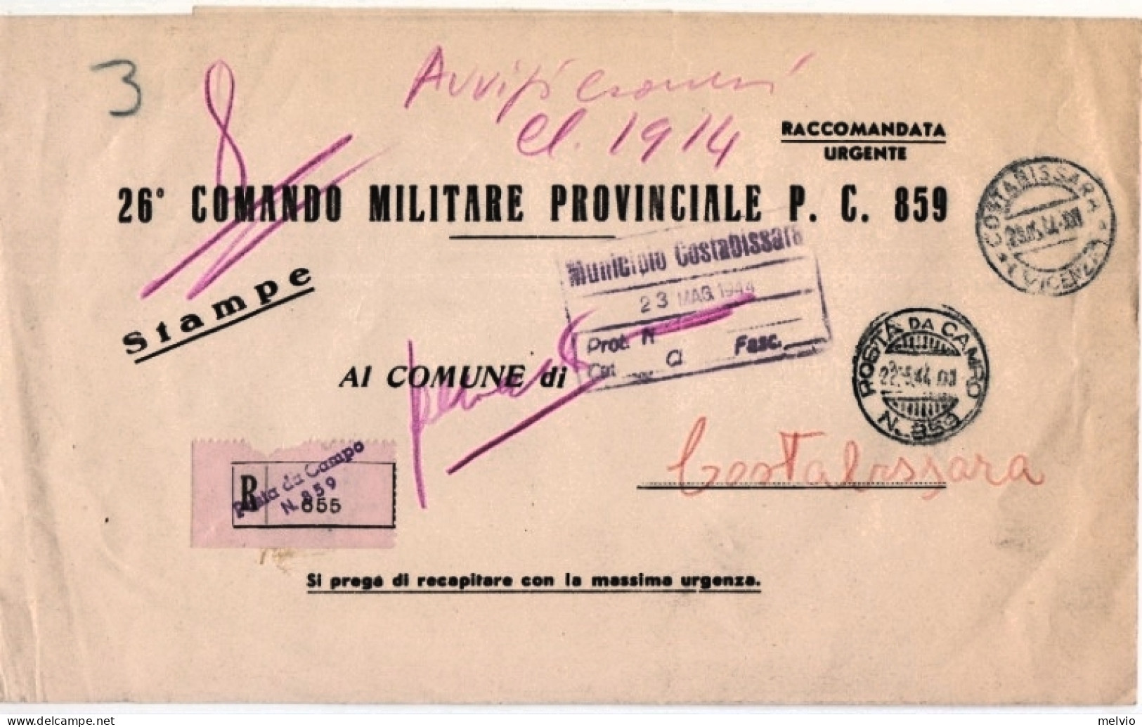 1944-Posta Da Campo N.859 C.2 Verde (22.5) E Lineare In Gomma Viola Su Piego Rac - Marcofilie