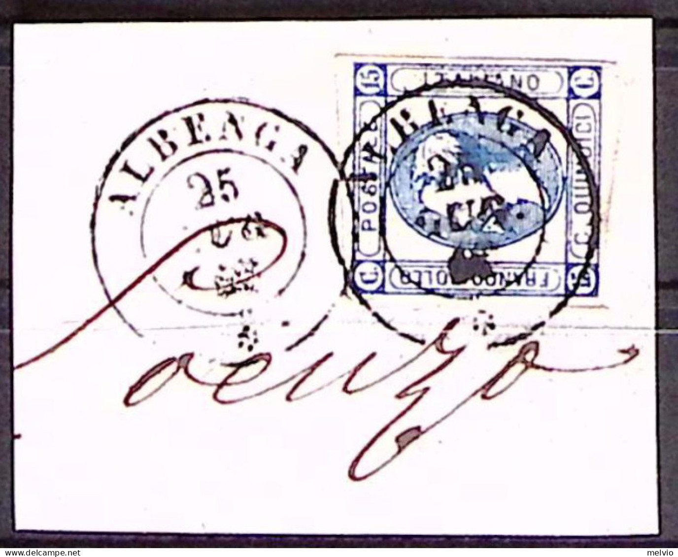 1863-ALBENGA C.2 Con Rosetta (26.7) Su Frammento Affrancato Litografato C.15 - Marcophilie