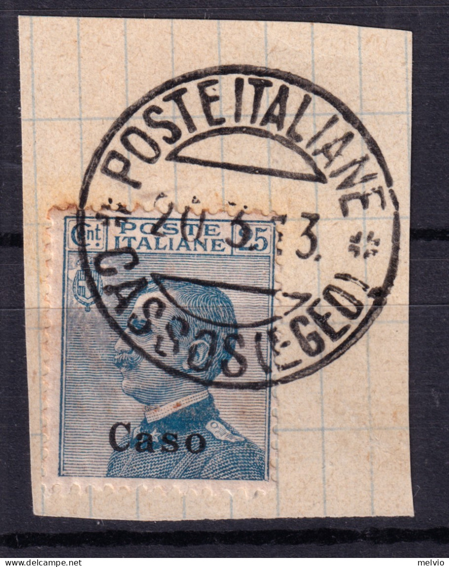 1913 (F=on Piece) POSTE ITALIANE/CASSOS (Egeo) C.2 (20.3) Completo Su Frammento  - Ägäis (Caso)