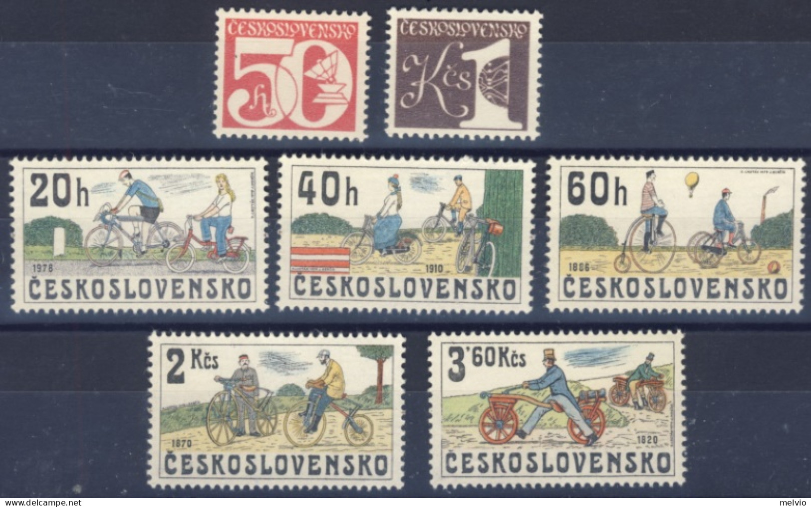 1978-Cecoslovacchia (MNH=**) 2 Serie 7 Valori Cifra, Velocipedi - Other & Unclassified