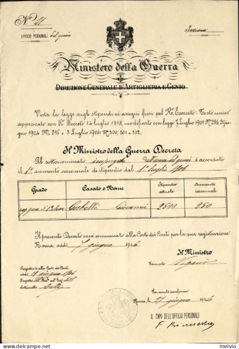 1906-MINISTERO Della GUERRA Decreto Di Aumento Di Stipendio Rilasciato Il 7.6 - Marcophilie