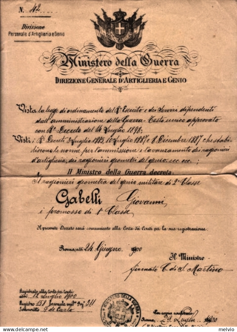 1900-MINISTERO Della GUERRA Decreto Di Promozione Rilasciato Il 24.6 - Décrets & Lois