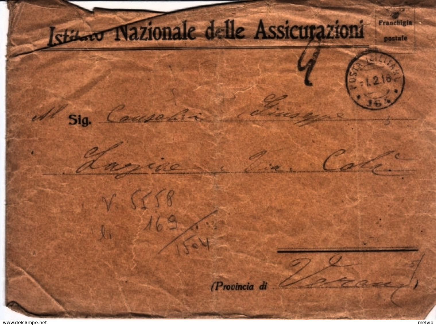 1918-Posta Militare/164 C.2 (1.9) Su Busta Franchigia Busta Intestata Ist. Naz.  - Marcofilie