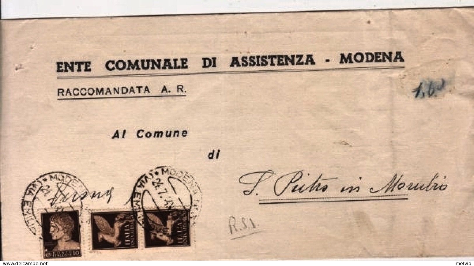 1944-Imperiale C.10 + Posta Aerea Coppia C.50 Su Sopracoperta Di Pigo Modena (24 - Marcophilie