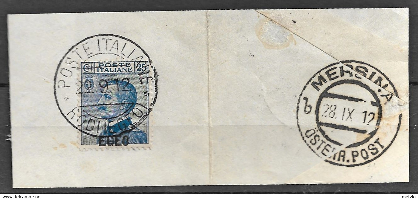 1912 POSTE ITALIANE/RODI (EGEO) C.2 (28.9) Su Frammento Affrancato Egeo C.25 - Aegean