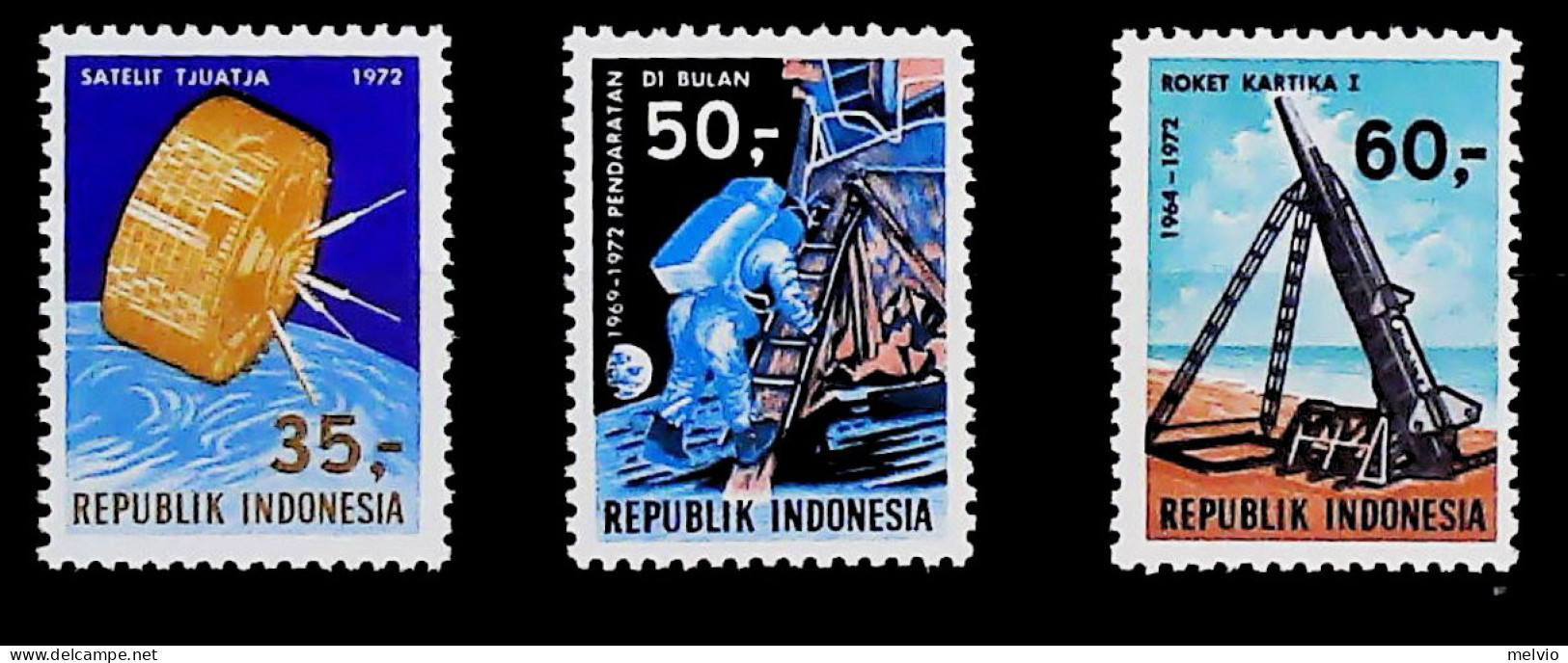 1972-Indonesia (MNH=**) Serie 3 Valori Satellite Allunaggio Razzo - Indonesien