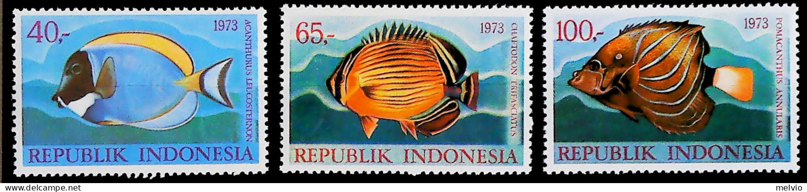 1973-Indonesia (MNH=**) Serie 3 Valori Pesci - Indonesië